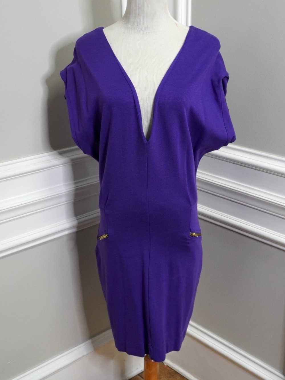 French Connection sheath dress with cap sleeves and zippered pouch pockets
